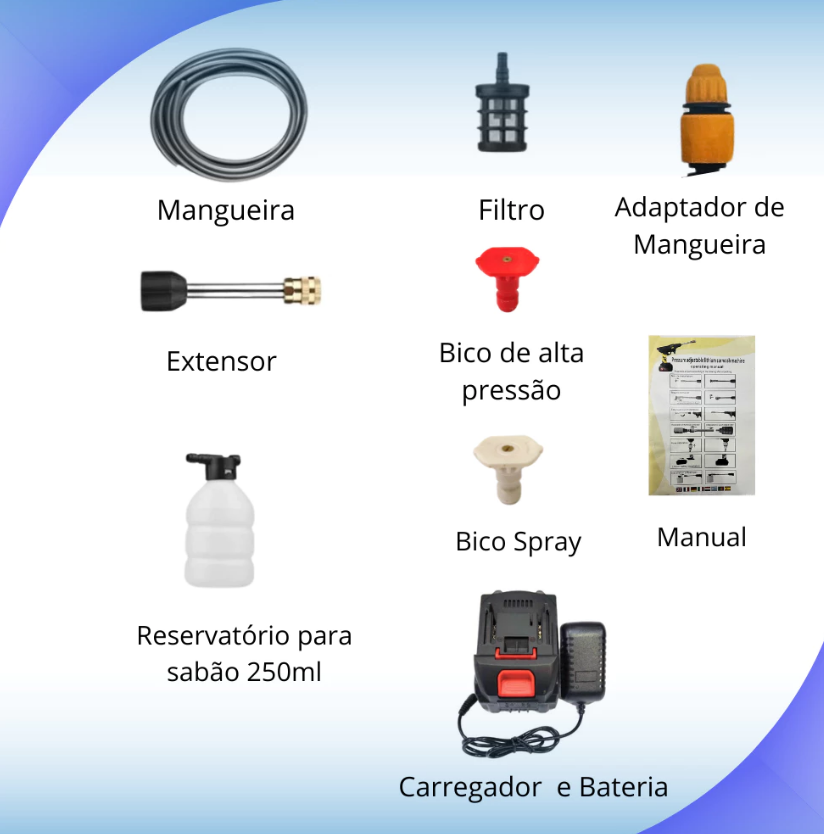 KIT COMPLETO - Lavadora de Alta Pressão Portátil Recarregável - Auto Giro