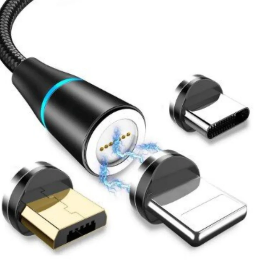 Cabo Carregador Magnético 3 em 1 para iPhone, Micro USB e Type-C
