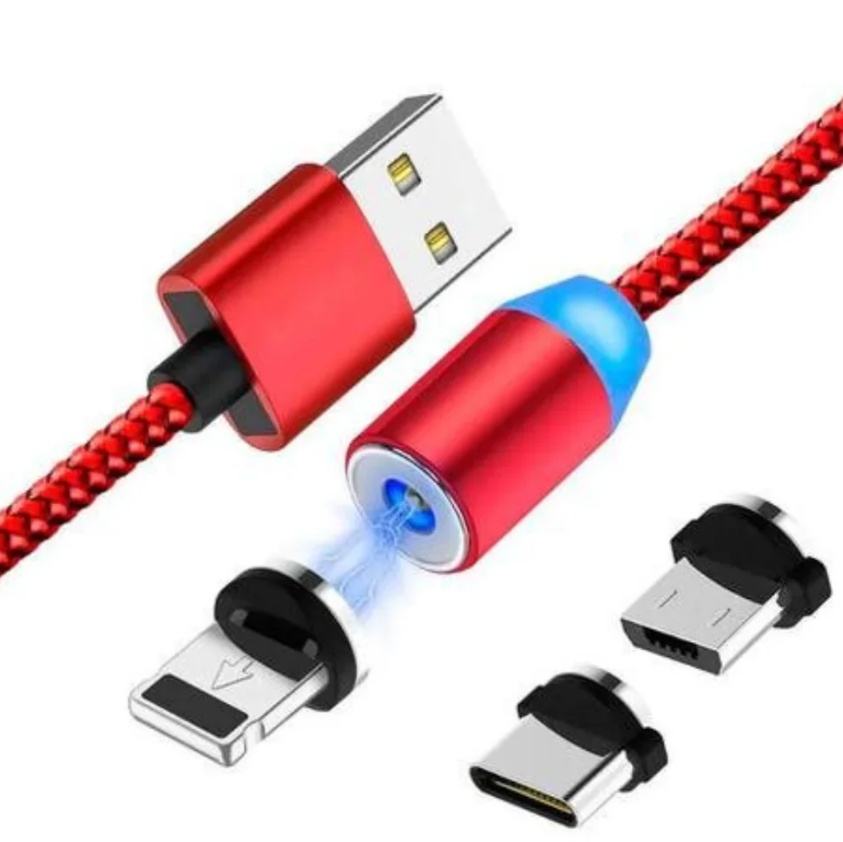 Cabo Carregador Magnético 3 em 1 para iPhone, Micro USB e Type-C